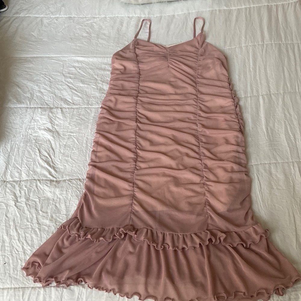 This is a pastel taupe party or prom dress.It run small in size.